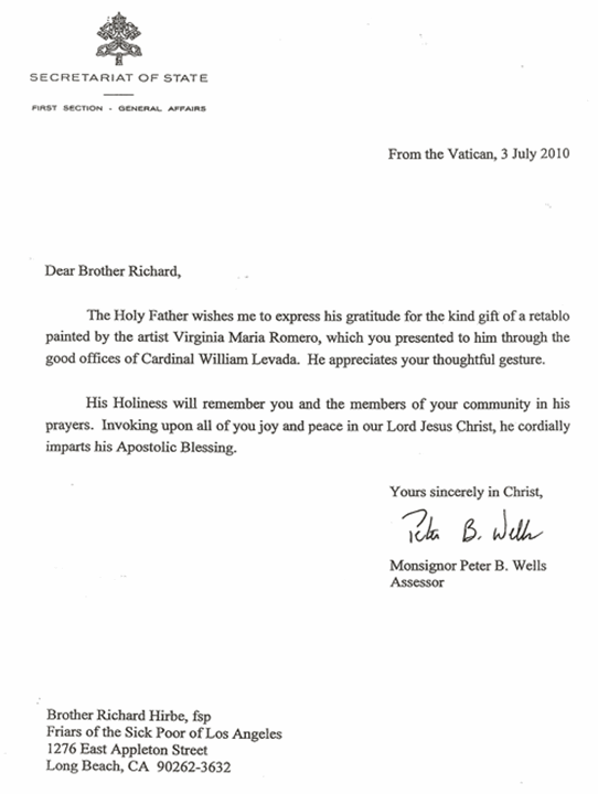 Letter from Pope
                      Benedict XVI expressing gratitude for Virginia
                      Maria Romero's Unity retablo